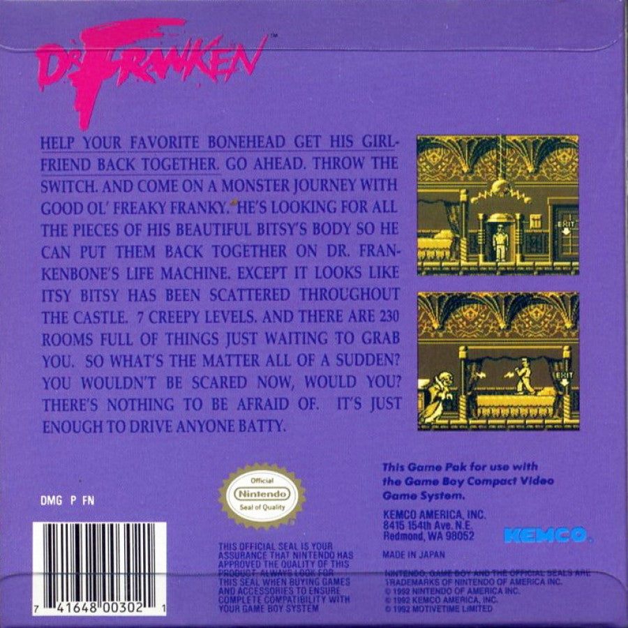 Dr. Franken Game Boy video game, action platformer, classic handheld gameplay, retro Nintendo Game Boy title back cover art