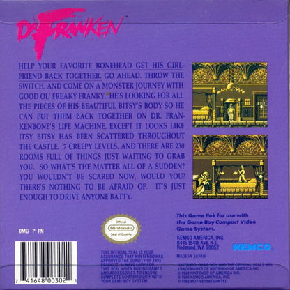 Dr. Franken Game Boy video game, action platformer, classic handheld gameplay, retro Nintendo Game Boy title back cover art