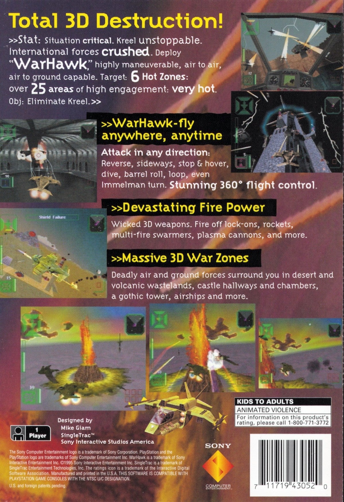 Warhawk [Long Box] for PlayStation 1 (PS1) at Gamers INC, featuring the high-flying 3D flight combat classic in its rare, collectible early-release "Long Box" packaging; take to the skies as a pilot of the advanced Warhawk fighter to defend your nation against the tyrannical Kreel, engaging in intense dogfights and bombing runs across diverse terrain in one of the PlayStation's earliest showcases of cinematic aerial action and groundbreaking polygon graphics back box