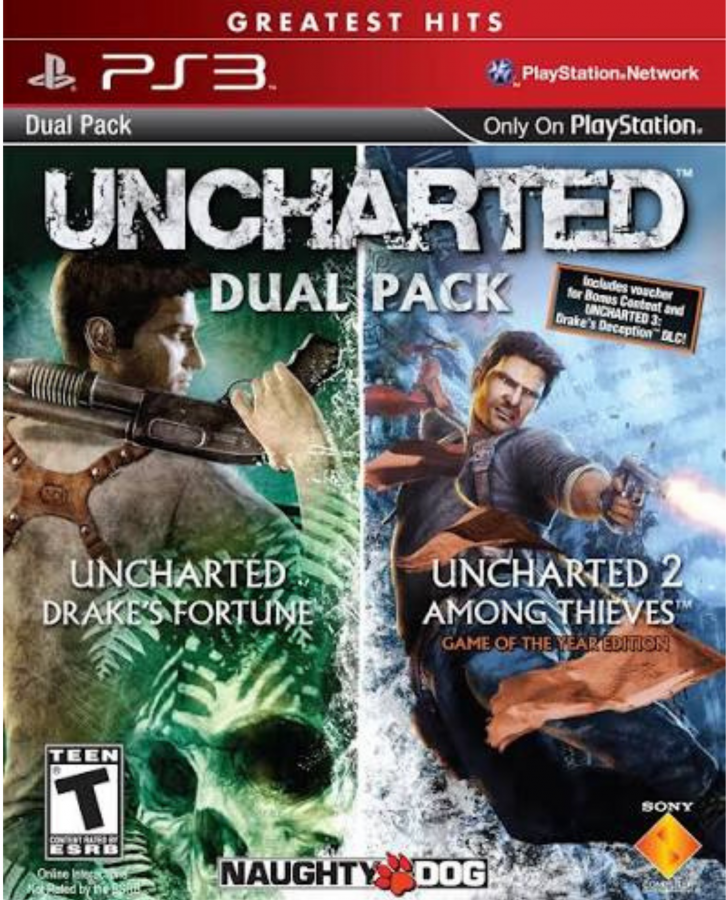 Uncharted Dual Pack PlayStation 3 PS3 for retro video game enthusiasts featuring action adventure gameplay cinematic treasure hunting thrilling platforming exploration third person combat puzzle solving epic storytelling including two classic Uncharted adventures and collectible gaming appeal front cover  