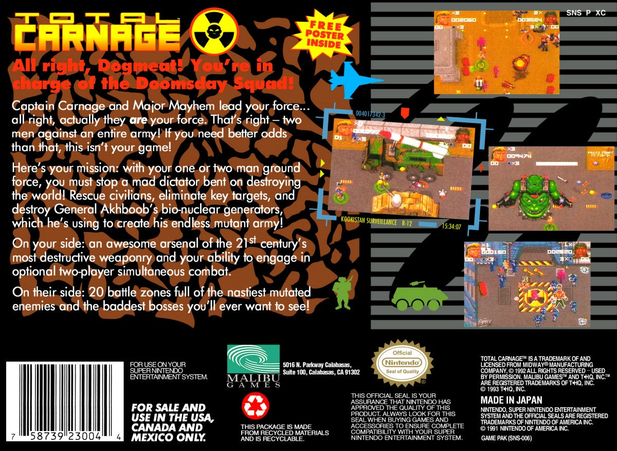 Total Carnage for Super Nintendo top down run and gun arcade shooter featuring explosive action rescue missions power ups and two player co op back cover art