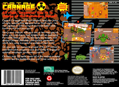Total Carnage for Super Nintendo top down run and gun arcade shooter featuring explosive action rescue missions power ups and two player co op back cover art