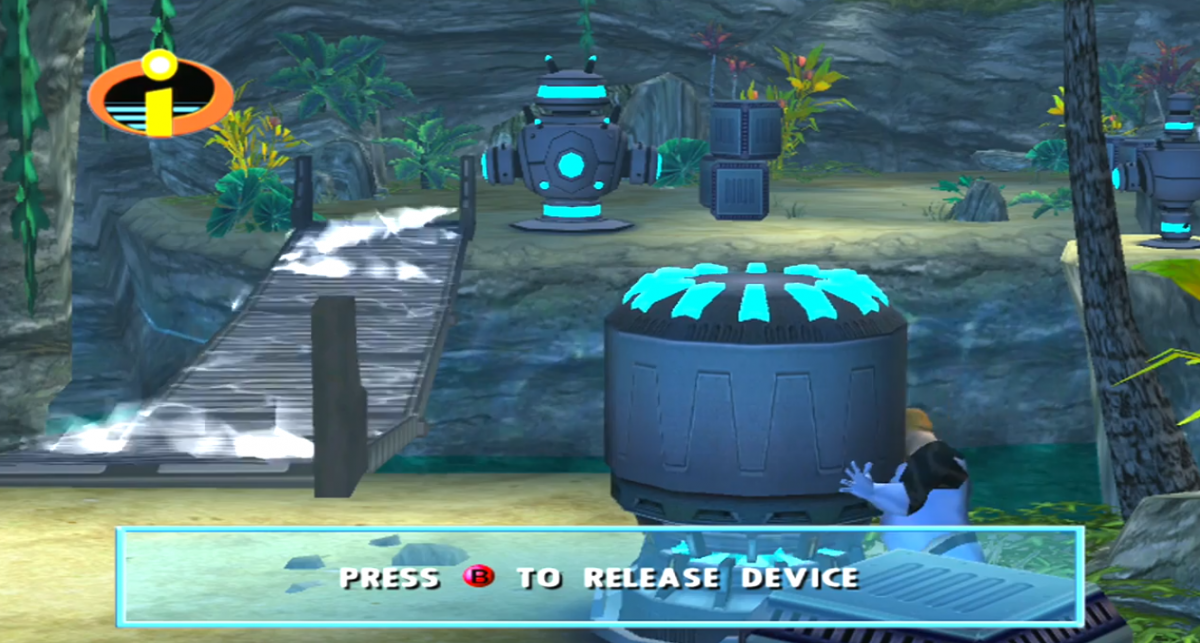Disney Pixar The Incredibles Xbox action-adventure video game based on the animated film superhero family Mr Incredible Elastigirl Dash Violet Frozone crime fighting levels Syndrome omnidroid villain cooperative gameplay THQ Pixar license cel-shaded graphics super powers puzzle platforming gameplay screenshot