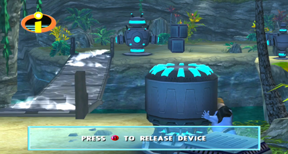 Disney Pixar The Incredibles Xbox action-adventure video game based on the animated film superhero family Mr Incredible Elastigirl Dash Violet Frozone crime fighting levels Syndrome omnidroid villain cooperative gameplay THQ Pixar license cel-shaded graphics super powers puzzle platforming gameplay screenshot