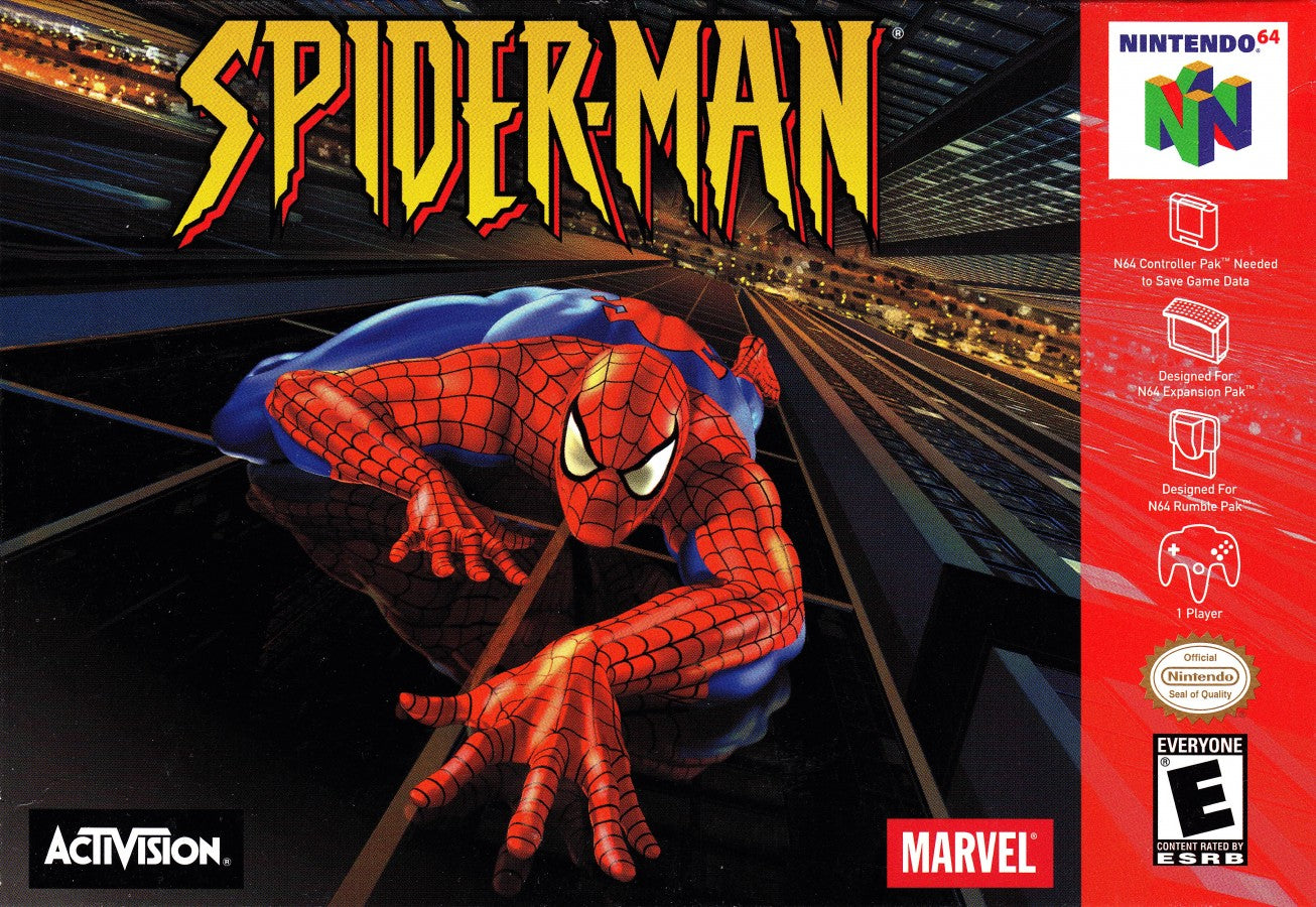 Spider-Man Complete in Box CIB Nintendo 64 N64 for retro video game enthusiasts featuring action adventure gameplay web swinging superhero combat iconic Marvel villains puzzle solving cinematic missions complete in box collectible gaming appeal front cover 