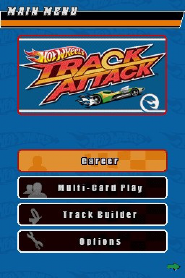 Hot Wheels Track Attack for Nintendo DS, title screen for an arcade racing video game with stunt tracks, high-speed driving, collectible cars, and competitive racing gameplay
