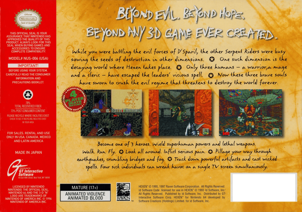 Hexen back cover art for Nintendo 64 N64 video game