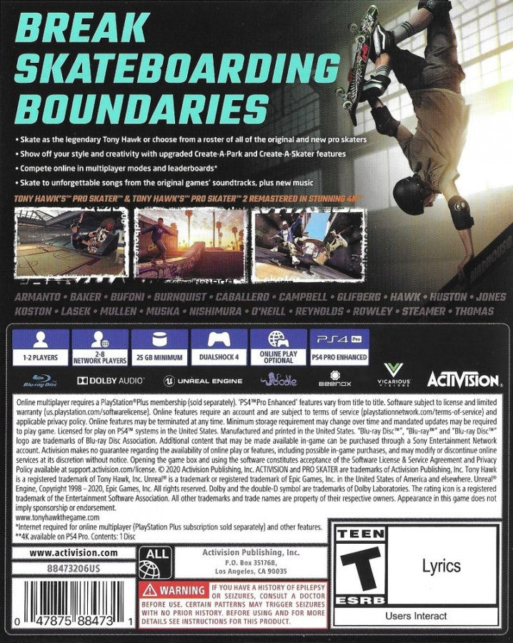 Tony Hawk's: Pro Skater 1+2 back cover art for Playstation 4 (PS4) video game