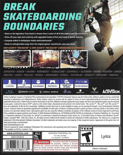 Tony Hawk's: Pro Skater 1+2 back cover art for Playstation 4 (PS4) video game