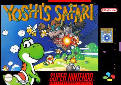 Yoshi's Safari Super Nintendo Entertainment System SNES video game featuring light gun shooting gameplay Yoshi riding adventure Bowser enemies Super Mario characters colorful levels action packed stages and classic 16 bit Nintendo gameplay retro video game collection collectible gaming appeal front cover art