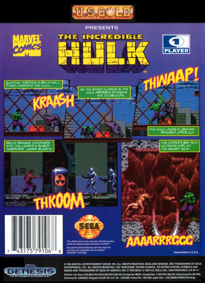 The Incredible Hulk Sega Mega Drive retro video game action platformer back of case (1994)