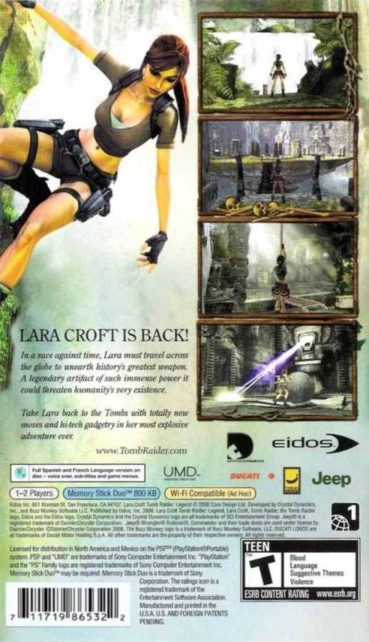Tomb Raider Legend PlayStation Portable PSP for action adventure video game fans featuring Lara Croft exploration platforming gameplay ancient ruins puzzle solving acrobatic movement treasure hunting combat missions cinematic storytelling collectible gaming appeal back cover art