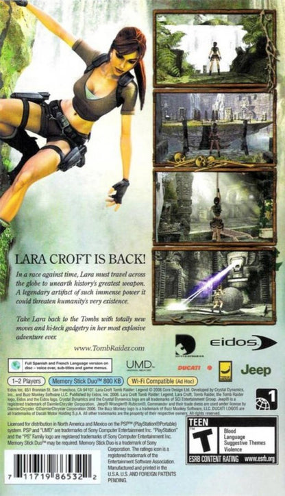 Tomb Raider Legend PlayStation Portable PSP for action adventure video game fans featuring Lara Croft exploration platforming gameplay ancient ruins puzzle solving acrobatic movement treasure hunting combat missions cinematic storytelling collectible gaming appeal back cover art