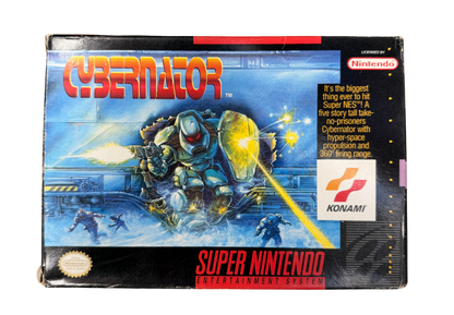Cybernator Super Nintendo Entertainment System SNES action platformer video game featuring futuristic mech combat powerful weapons explosive battles enemy machines challenging stages science fiction environments and classic Super Nintendo Entertainment System SNES gameplay collectible retro gaming appeal cover art