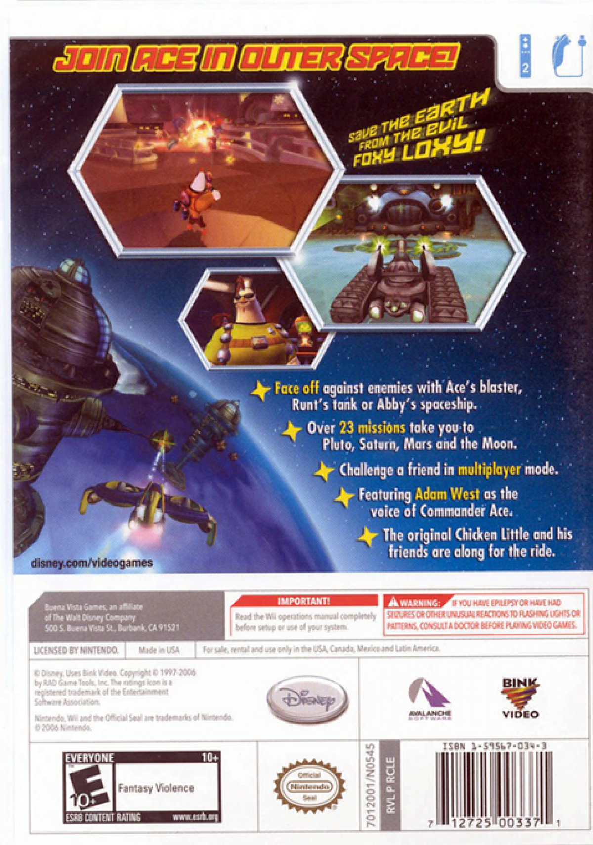 Chicken Little Ace in Action Nintendo Wii for retro video game enthusiasts featuring action flight and ground combat gameplay cinematic movie tie in missions cartoon styled characters aerial dogfighting mechanics platforming sections and collectible gaming appeal back cover