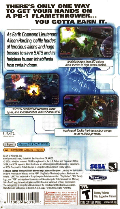 Alien Syndrome PlayStation Portable PSP for action role playing shooter video game fans featuring top down alien combat futuristic sci fi environments cooperative multiplayer character upgrades intense missions powerful weapons arcade inspired gameplay collectible gaming appeal back cover art