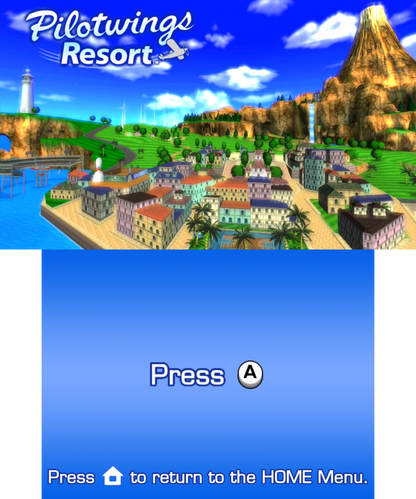 PilotWings Resort start screen for Nintendo 3DS (3DS) flight simulation video game