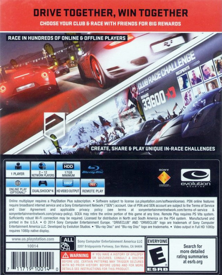 DRIVECLUB – PlayStation 4 (PS4) video game back of case, racing simulator by Evolution Studios