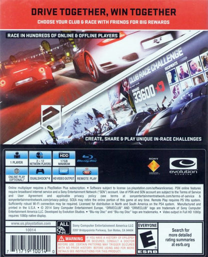 DRIVECLUB – PlayStation 4 (PS4) video game back of case, racing simulator by Evolution Studios