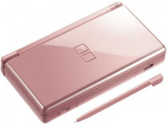 Rose Gold Nintendo DS Lite featuring dual screens, compact design, and elegant metallic finish closed view with stylus