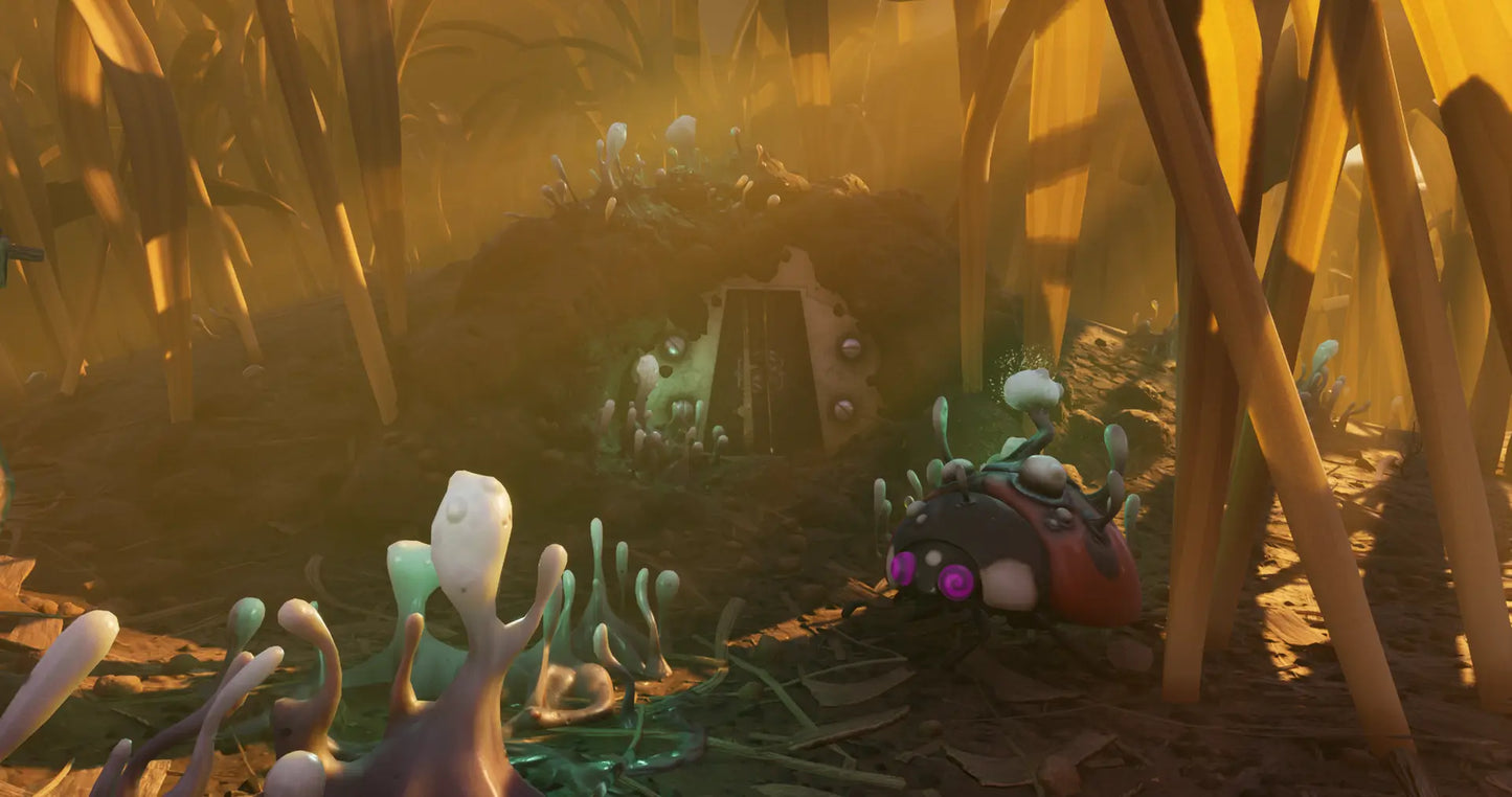 Grounded Fully Yoked Edition Nintendo Switch inspired design featuring cooperative survival adventure aesthetic miniature backyard world exploration crafting and base building dangerous insect encounters resource gathering gameplay vibrant environments and imaginative outdoor survival presentation gameplay 