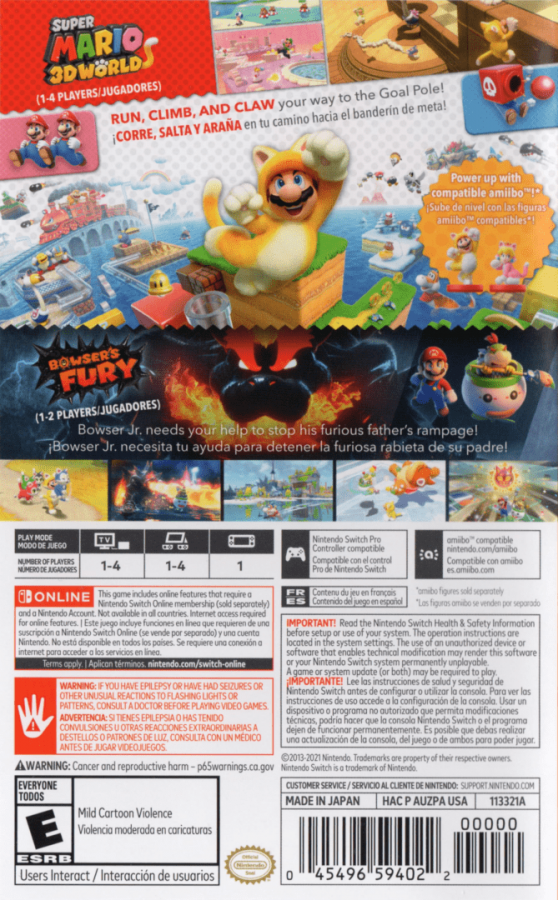 Super Mario 3D World plus Bowsers Fury back of box for Nintendo Switch platformer game