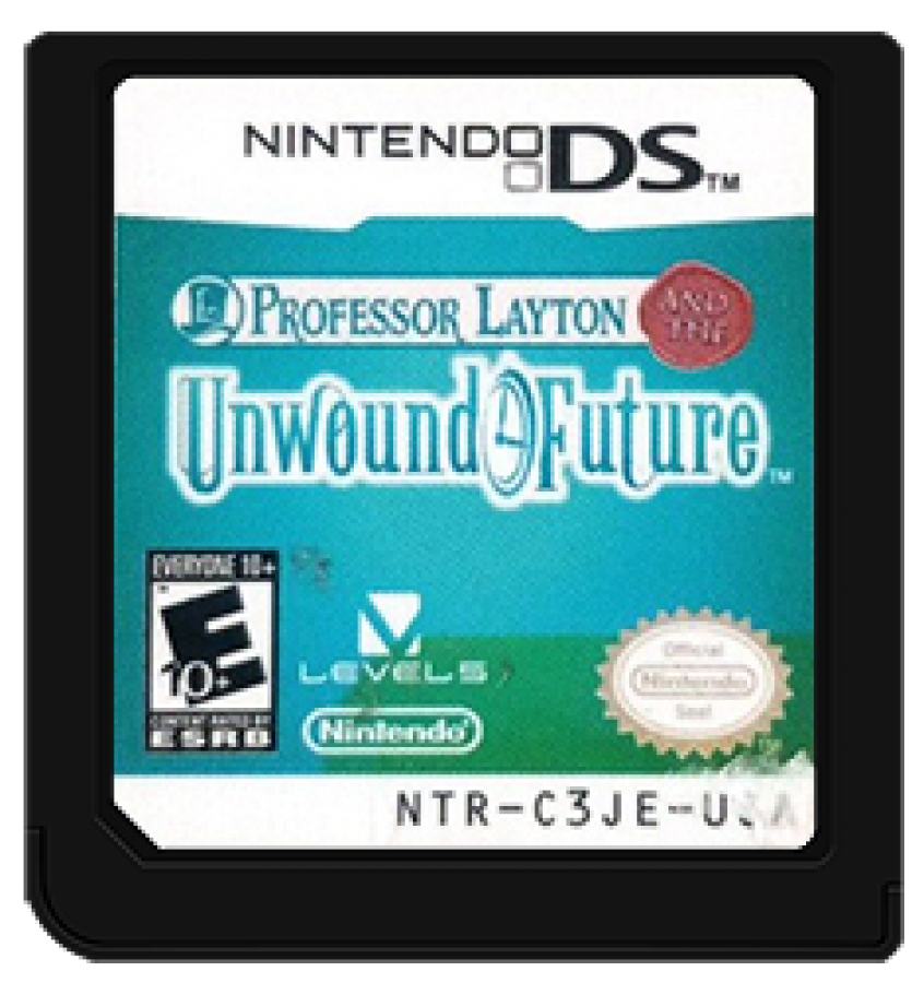Professor Layton and the Unwound Future Nintendo DS puzzle adventure game solving brain teasers time travel mystery London story cartridge art