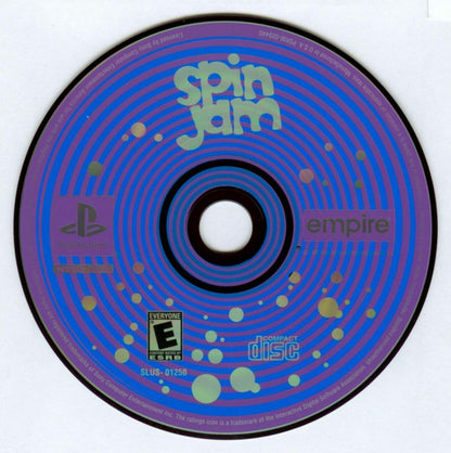Spin Jam PlayStation 1 game featuring futuristic paddle ball sports gameplay, fast-paced arcade action, and competitive multiplayer matches disk