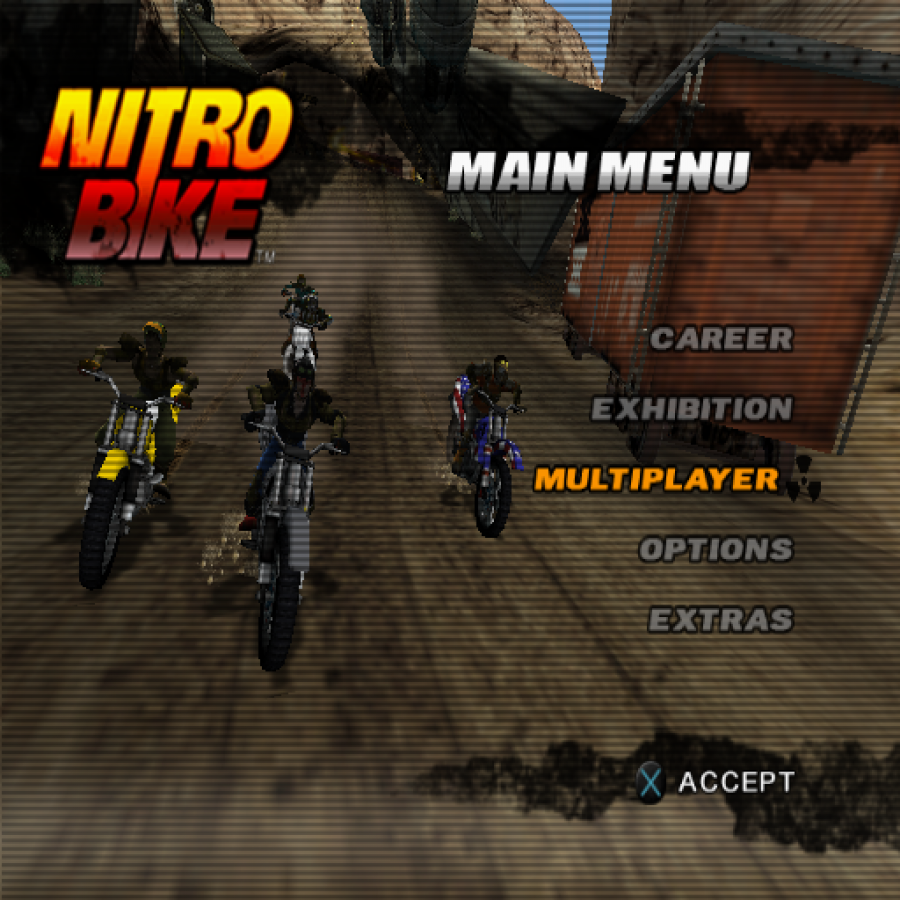 Nitrobike – PlayStation 2 (PS2) video game title screen, arcade-style motocross racing game.