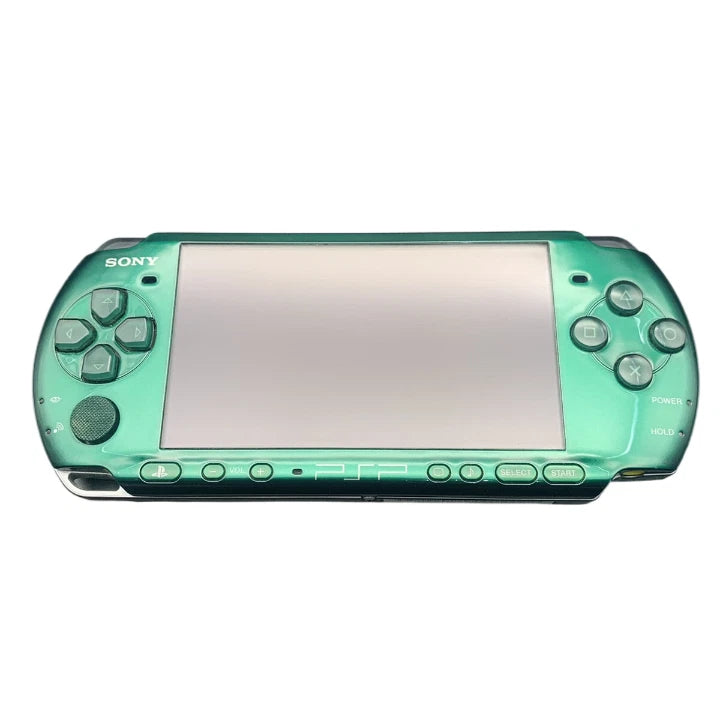 PlayStation Portable 3000 Spirited Green handheld console with vibrant emerald shell, slim design, and bright LCD screen for UMD games, music, and movies, good condition