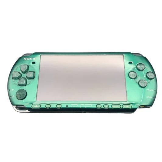 PlayStation Portable 3000 Spirited Green handheld console with vibrant emerald shell, slim design, and bright LCD screen for UMD games, music, and movies, good condition