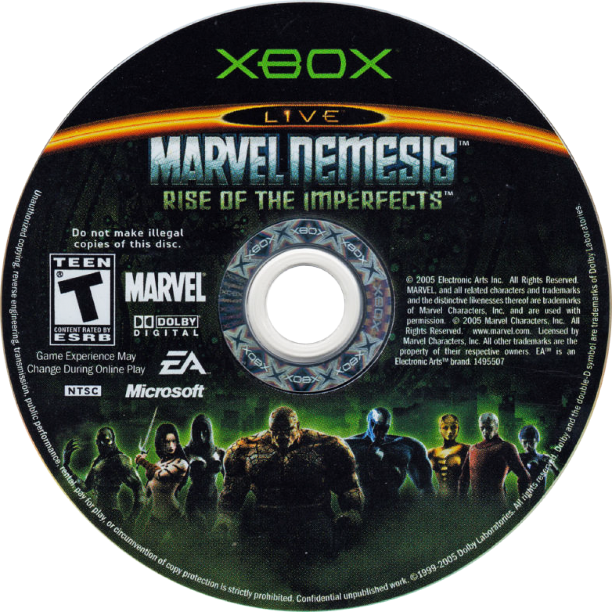 Marvel Nemesis Rise of the Imperfects Xbox inspired design featuring superhero fighting action aesthetic explosive battles iconic Marvel characters powerful abilities urban destruction cinematic combat fast paced arena gameplay comic book inspired presentation disc 