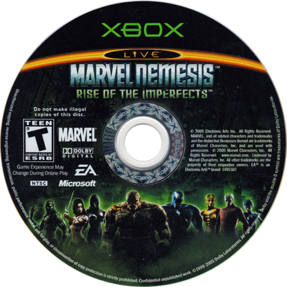 Marvel Nemesis Rise of the Imperfects Xbox inspired design featuring superhero fighting action aesthetic explosive battles iconic Marvel characters powerful abilities urban destruction cinematic combat fast paced arena gameplay comic book inspired presentation disc 