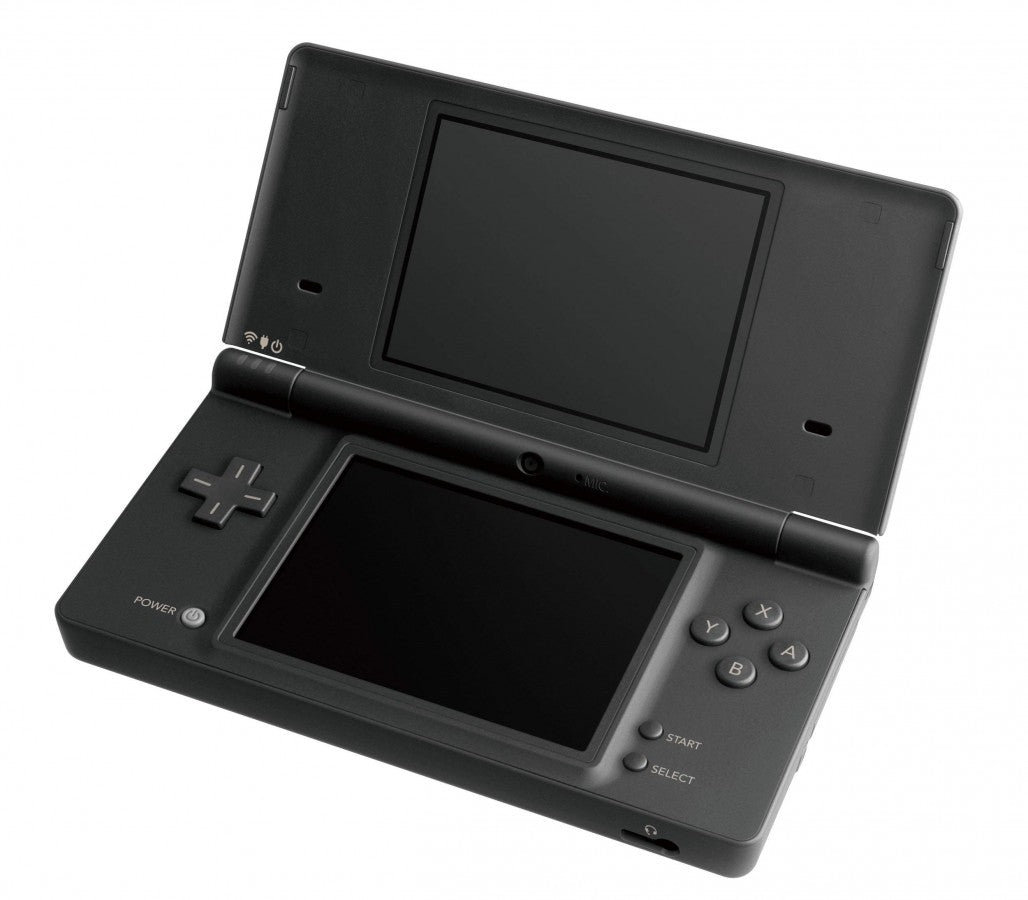 Front view of black Nintendo DSi handheld console showing cameras and buttons
