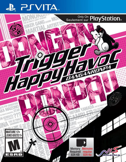 Danganronpa Trigger Happy Havoc PlayStation Vita video game, visual novel adventure, murder mystery investigation, anime-style storytelling, handheld console title front cover