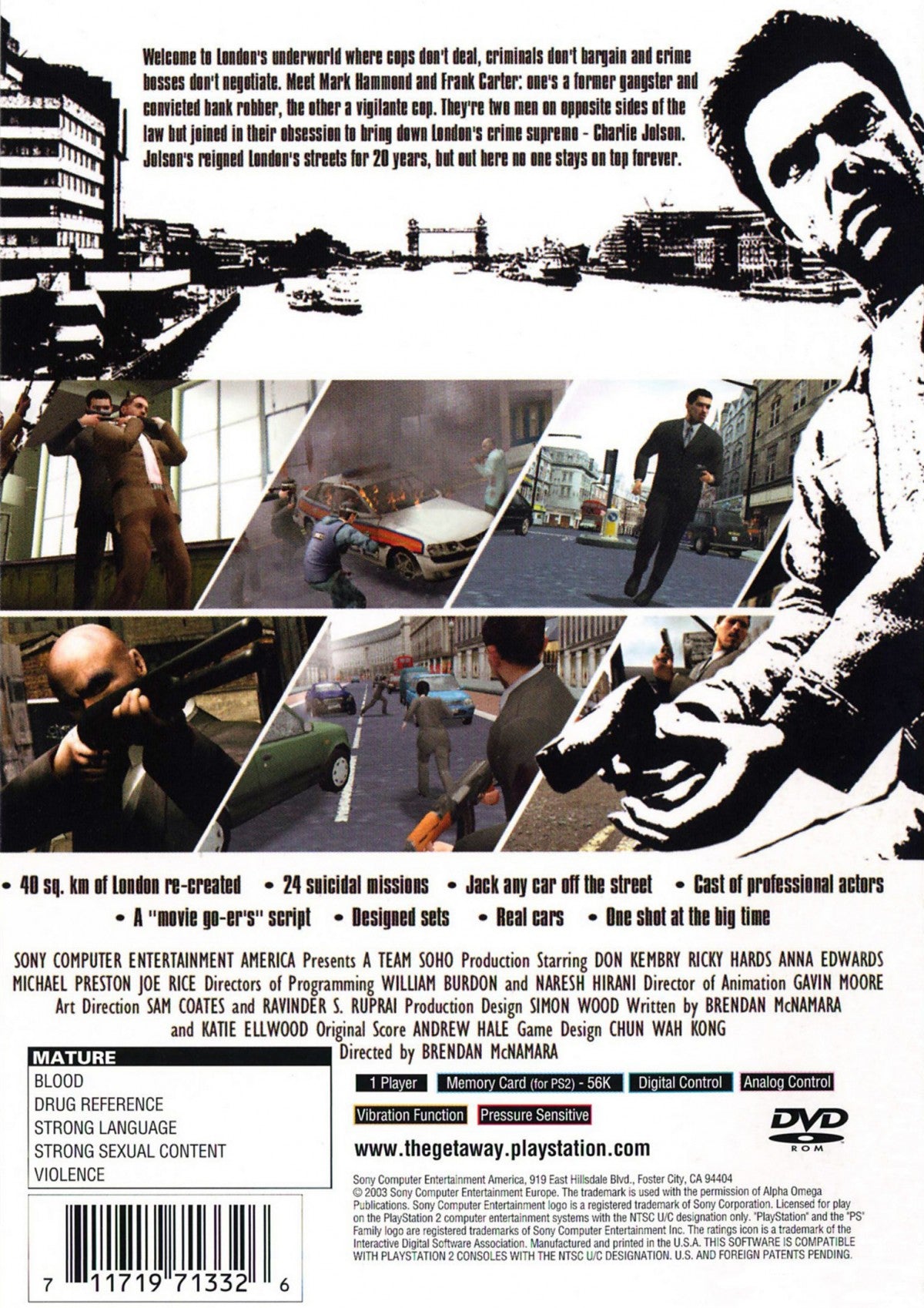 The Getaway PS2 Sony PlayStation 2 action adventure crime game open world London setting third person shooting driving missions cinematic story gang warfare realistic city gameplay Team Soho retro gaming PlayStation 2 software video game title back cover art