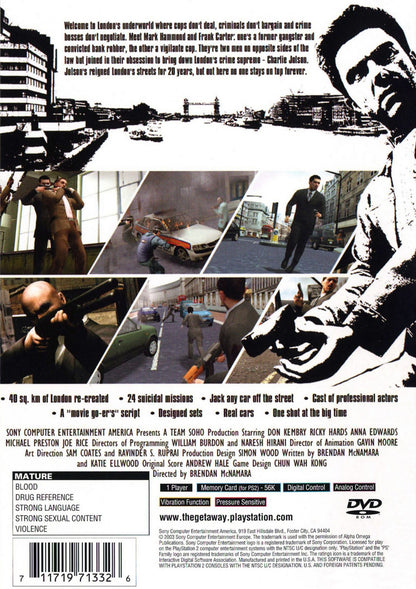 The Getaway PS2 Sony PlayStation 2 action adventure crime game open world London setting third person shooting driving missions cinematic story gang warfare realistic city gameplay Team Soho retro gaming PlayStation 2 software video game title back cover art