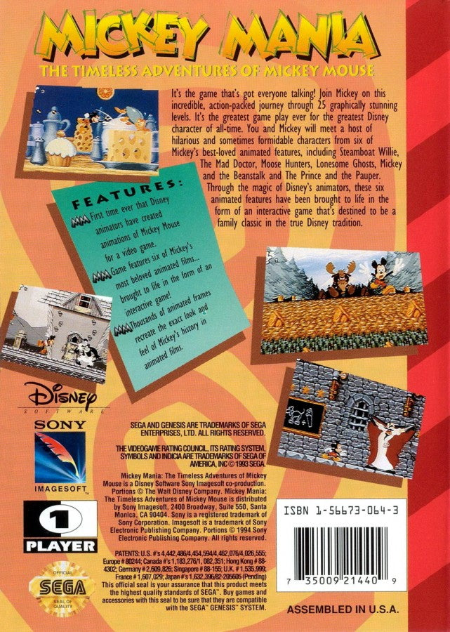 Mickey Mania The Timeless Adventures of Mickey Mouse Sega Genesis video game, action platformer, Disney cartoon-based gameplay, retro console title back cover
