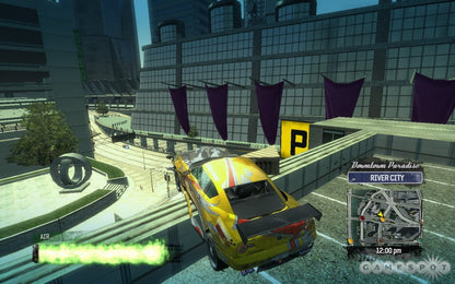 Burnout Paradise Xbox 360 video game featuring open world arcade racing gameplay high speed crashes online multiplayer modes Paradise City exploration and Criterion Games high intensity driving action gameplay