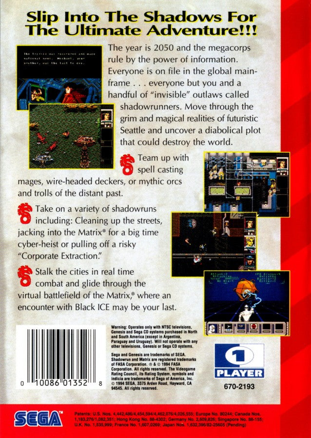 Shadowrun Sega Genesis GEN for retro video game enthusiasts featuring action role playing gameplay cyberpunk fantasy setting real time combat character progression futuristic exploration hacking missions and collectible gaming appeal back art 