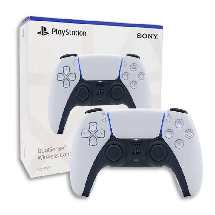 New white Sony DualSense wireless controller for PlayStation 5 featuring adaptive triggers, haptic feedback, touchpad, and ergonomic design