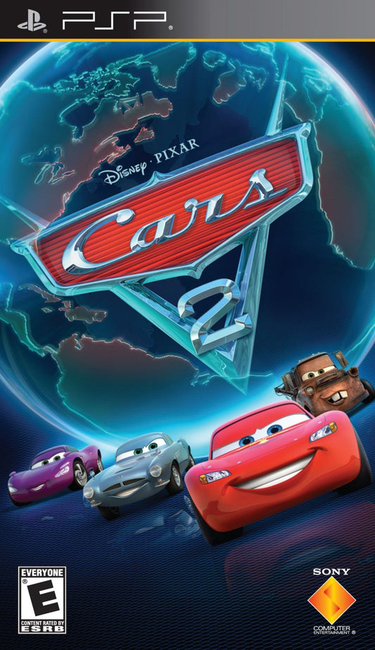 Cars 2 UMD for the PlayStation Portable featuring racing gameplay based on the Disney Pixar film with spy themed missions character abilities power ups and multiplayer modes as players control Lightning McQueen Mater and other characters across global tracks front cover 