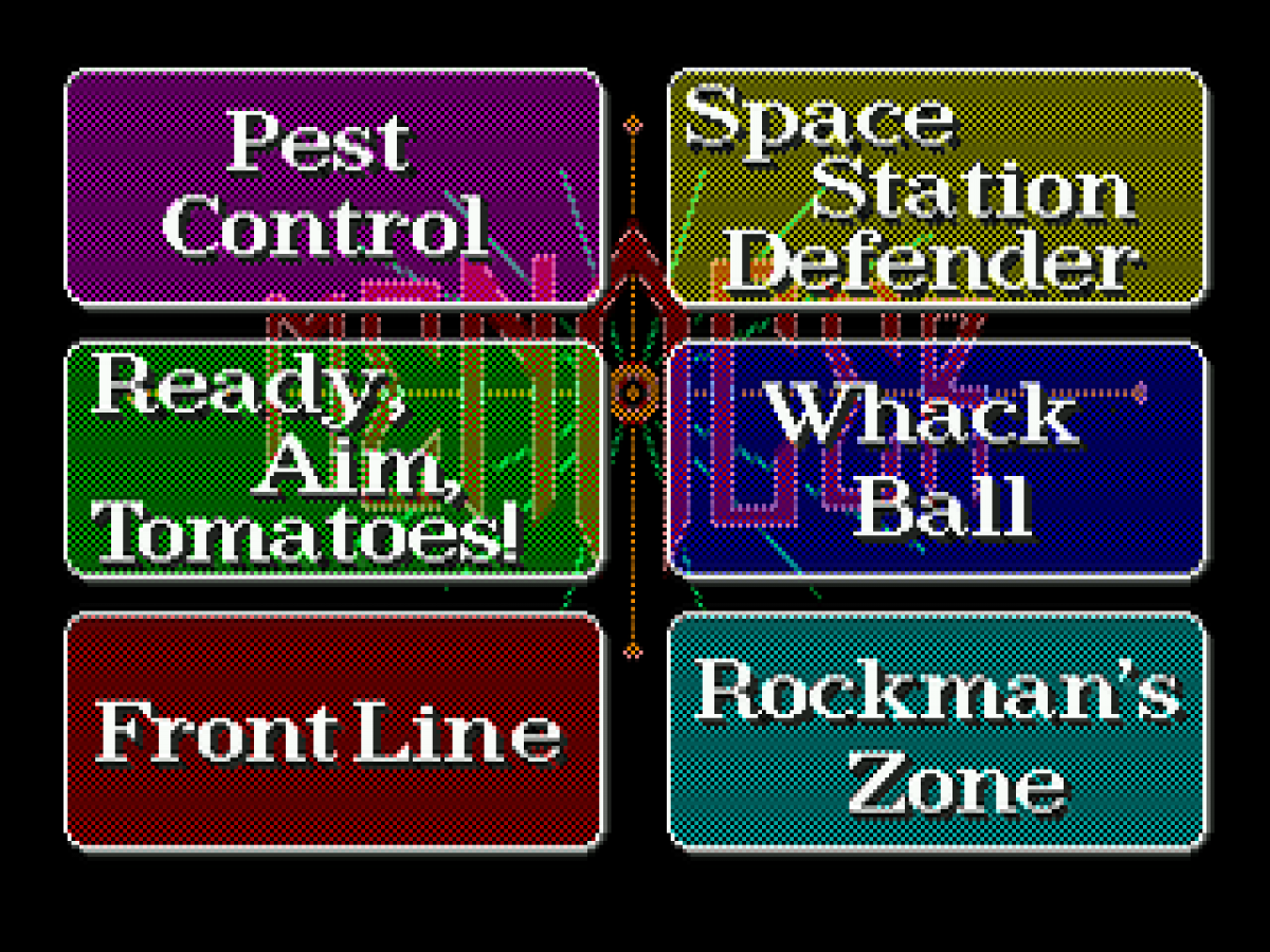 Menacer: 6 Game Cartridge game select screen for Sega Genesis (GEN) video game