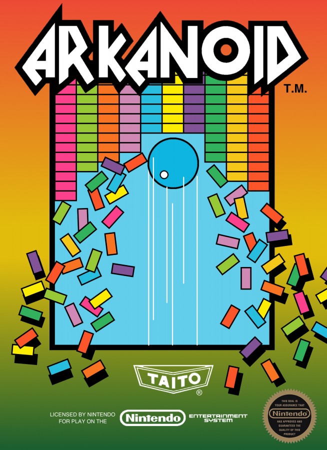 Arkanoid cartridge for the Nintendo Entertainment System featuring 8 bit block breaking arcade action with paddle gameplay power ups and challenging levels front cover