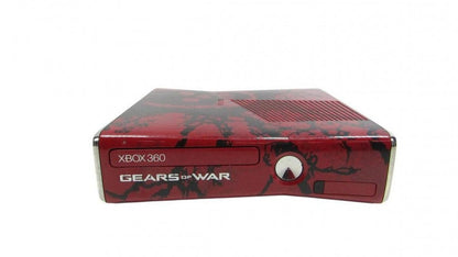 Retro Xbox 360 Gears of War Edition inspired design featuring limited edition Microsoft gaming console aesthetic custom red hardware battle worn graphics iconic sci fi shooter theme collectible HD era gaming system nostalgic console presentation console horizontal