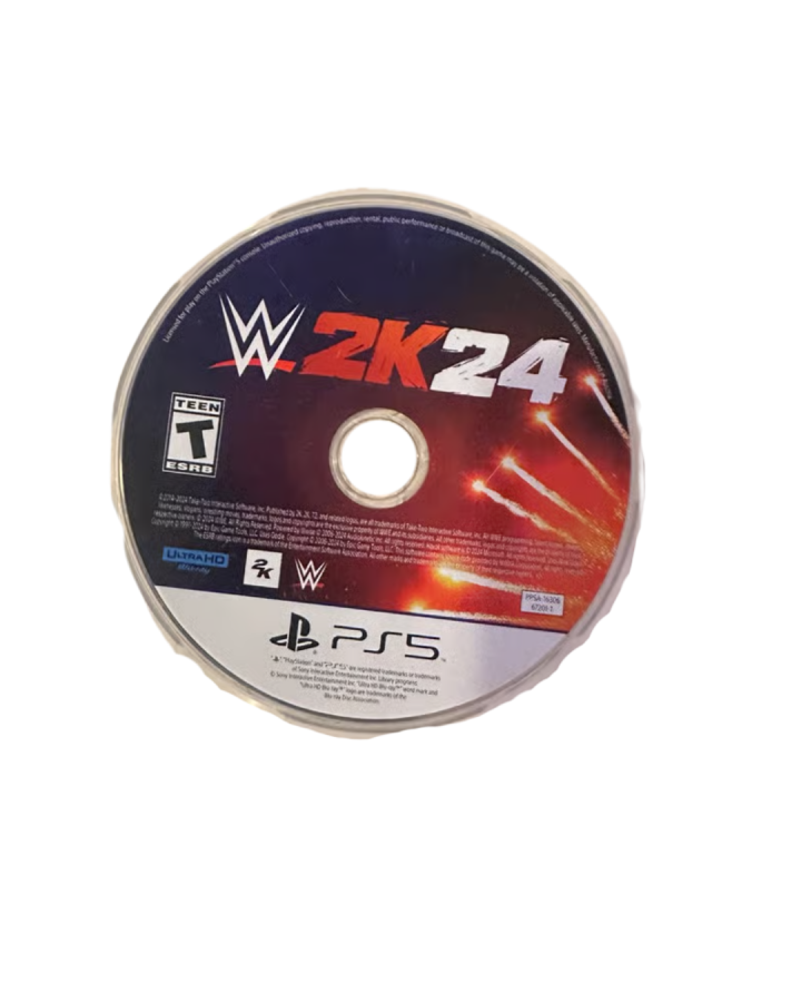WWE 2K24 Deluxe Edition game disc for PlayStation 5 video game. 