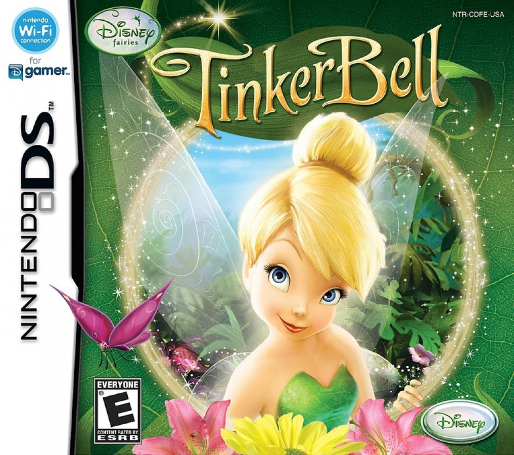 Disney Fairies Tinker Bell Nintendo DS cover art for retro video game featuring magical fairy adventures, Tinker Bell and Pixie Hollow characters, creative activities, exploration gameplay, enchanting fantasy environments, and family friendly handheld entertainment on Nintendo DS