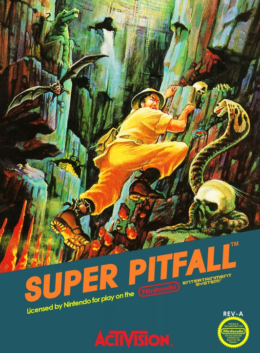 Super Pitfall Nintendo Entertainment System NES for retro video game enthusiasts featuring action adventure platforming gameplay maze like exploration hidden secrets challenging enemies underground caverns classic 8 bit gaming and collectible gaming appeal cover art 