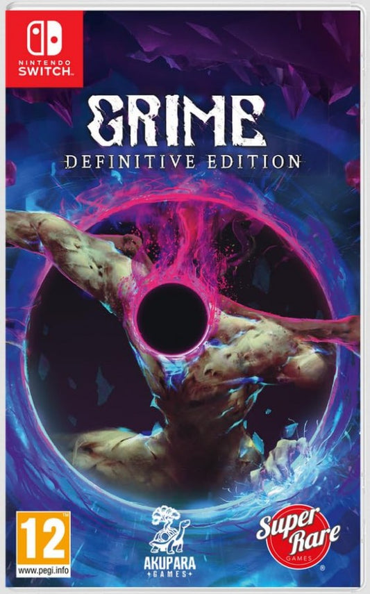 GRIME Definitive Edition Nintendo Switch inspired design featuring dark surreal action adventure aesthetic organic metamorphic world exploration challenging parry based combat grotesque cosmic environments metroidvania progression and atmospheric body horror gameplay presentation front cover 