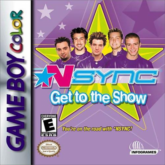 NSYNC Get to the Show for Game Boy Color, cover image for a rhythm music video game with performance mini-games, timing-based gameplay, band-themed challenges, and pop concert simulation